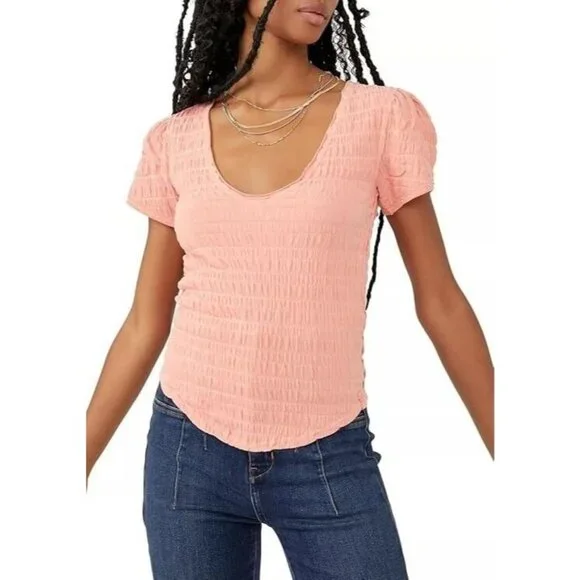 Free People Sugar Cube Women's Size Small Burnt Coral Pink V-Neck Ruched Top NWT - Picture 1 of 13